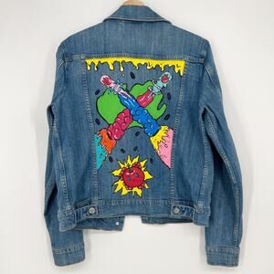 Levi’s OOAK Hand Painted Trucker Jean Jacket Womens Medium Denim Cherry Bomb